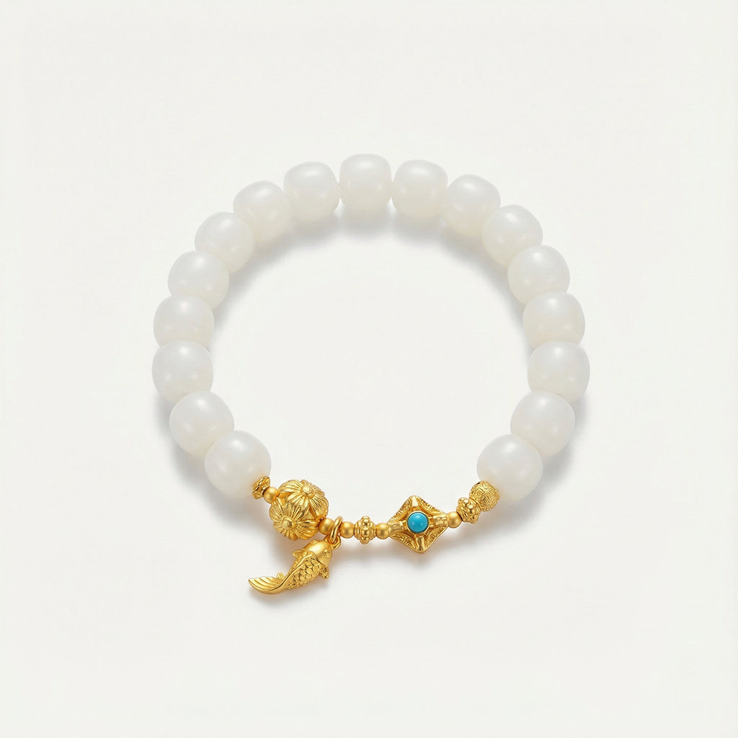 White Jade Bodhi Bracelet with Gold Koi Charm | LanKio Koi Leap