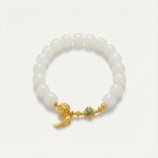 White Jade Bodhi Bracelet with Gold Koi Charm | LanKio Koi Leap