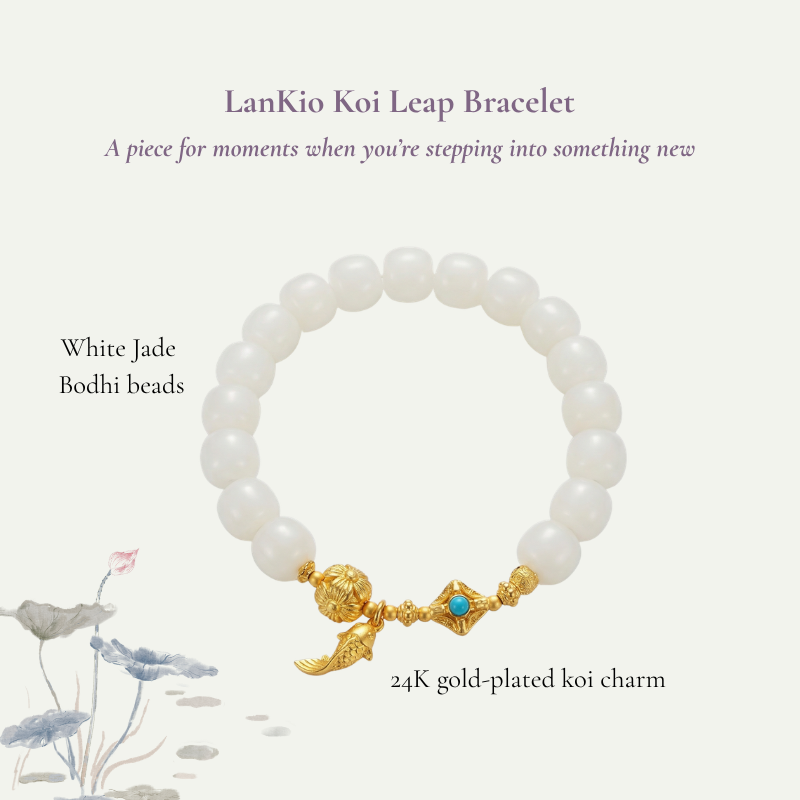 White Jade Bodhi Bracelet with Gold Koi Charm | LanKio Koi Leap