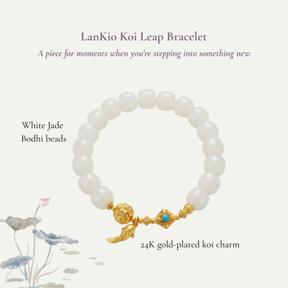 White Jade Bodhi Bracelet with Gold Koi Charm | LanKio Koi Leap