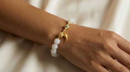 White Jade Bodhi Bracelet with Gold Koi Charm | LanKio Koi Leap