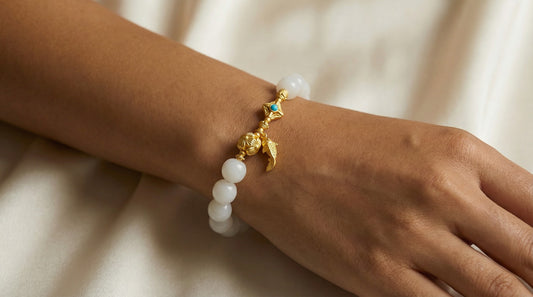White Jade Bodhi Bracelet with Gold Koi Charm | LanKio Koi Leap