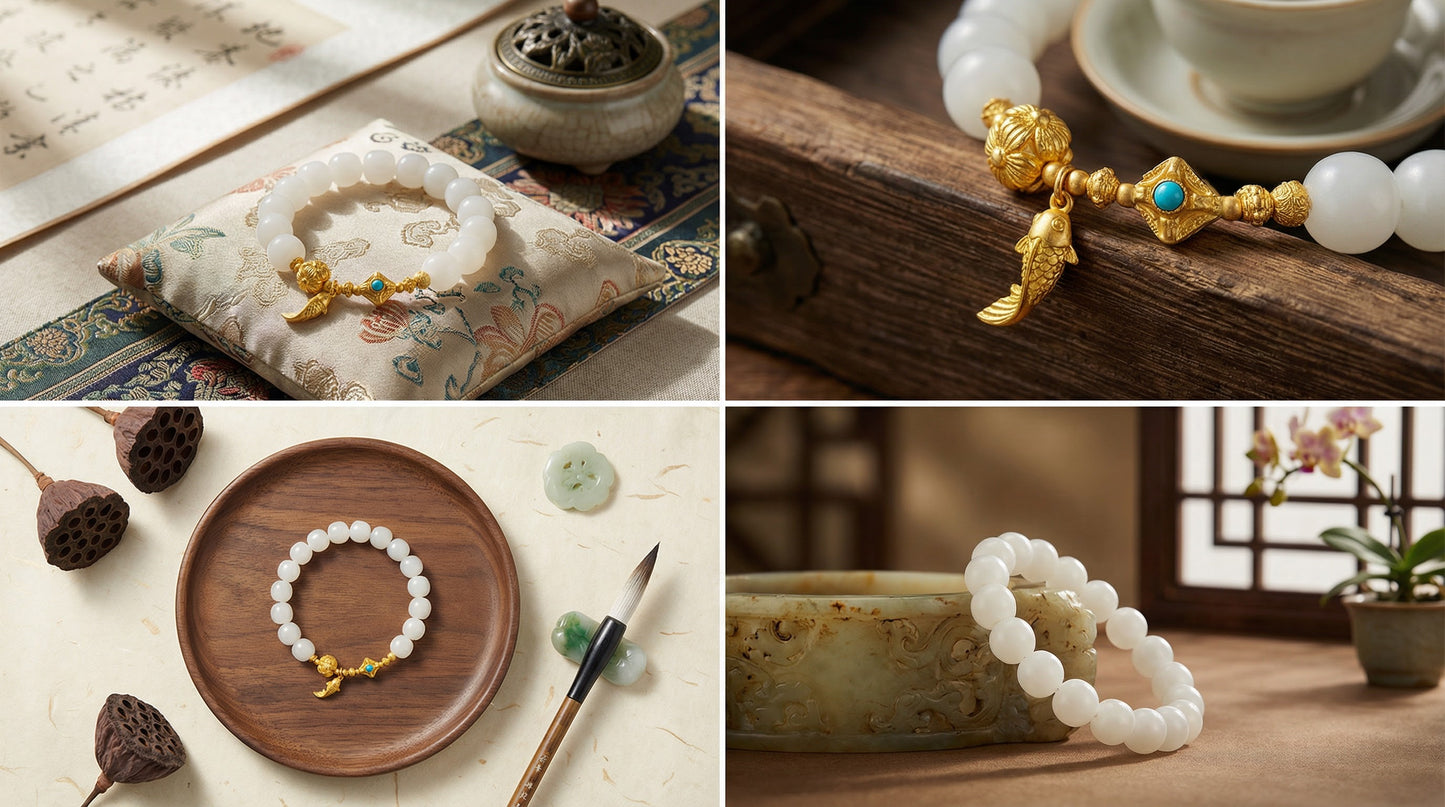 White Jade Bodhi Bracelet with Gold Koi Charm | LanKio Koi Leap