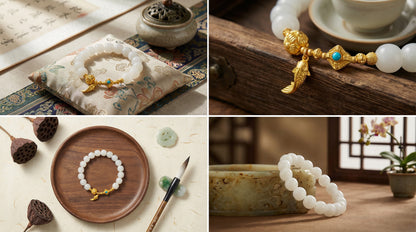 White Jade Bodhi Bracelet with Gold Koi Charm | LanKio Koi Leap