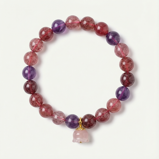 Amethyst Strawberry Quartz Bracelet with Bellflower Charm | LanKio Bellflower Bloom