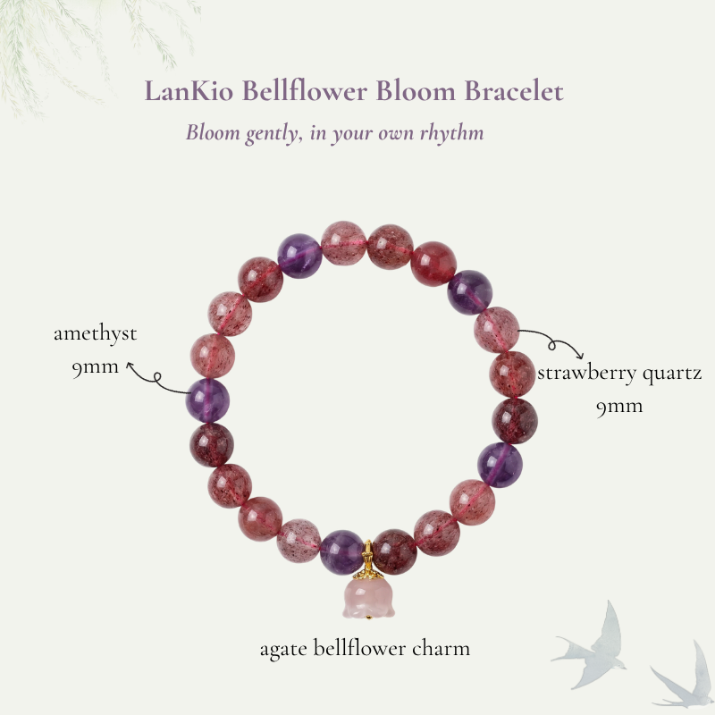 Amethyst Strawberry Quartz Bracelet with Bellflower Charm | LanKio Bellflower Bloom