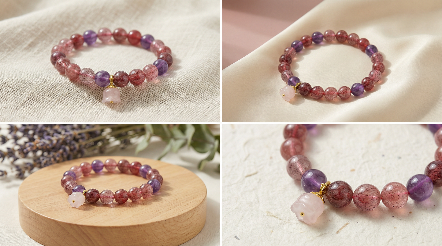 Amethyst Strawberry Quartz Bracelet with Bellflower Charm | LanKio Bellflower Bloom