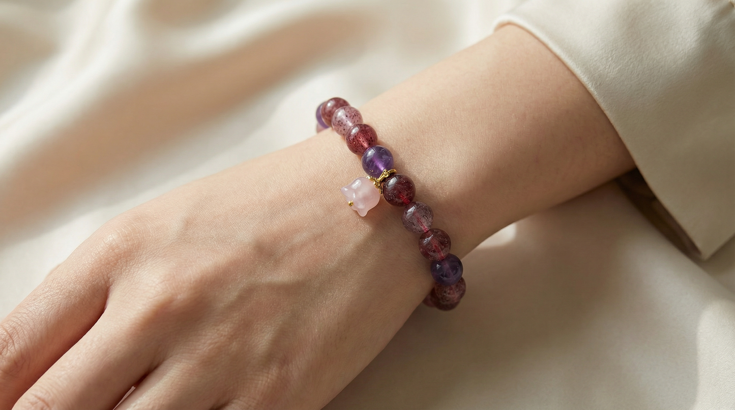 Amethyst Strawberry Quartz Bracelet with Bellflower Charm | LanKio Bellflower Bloom
