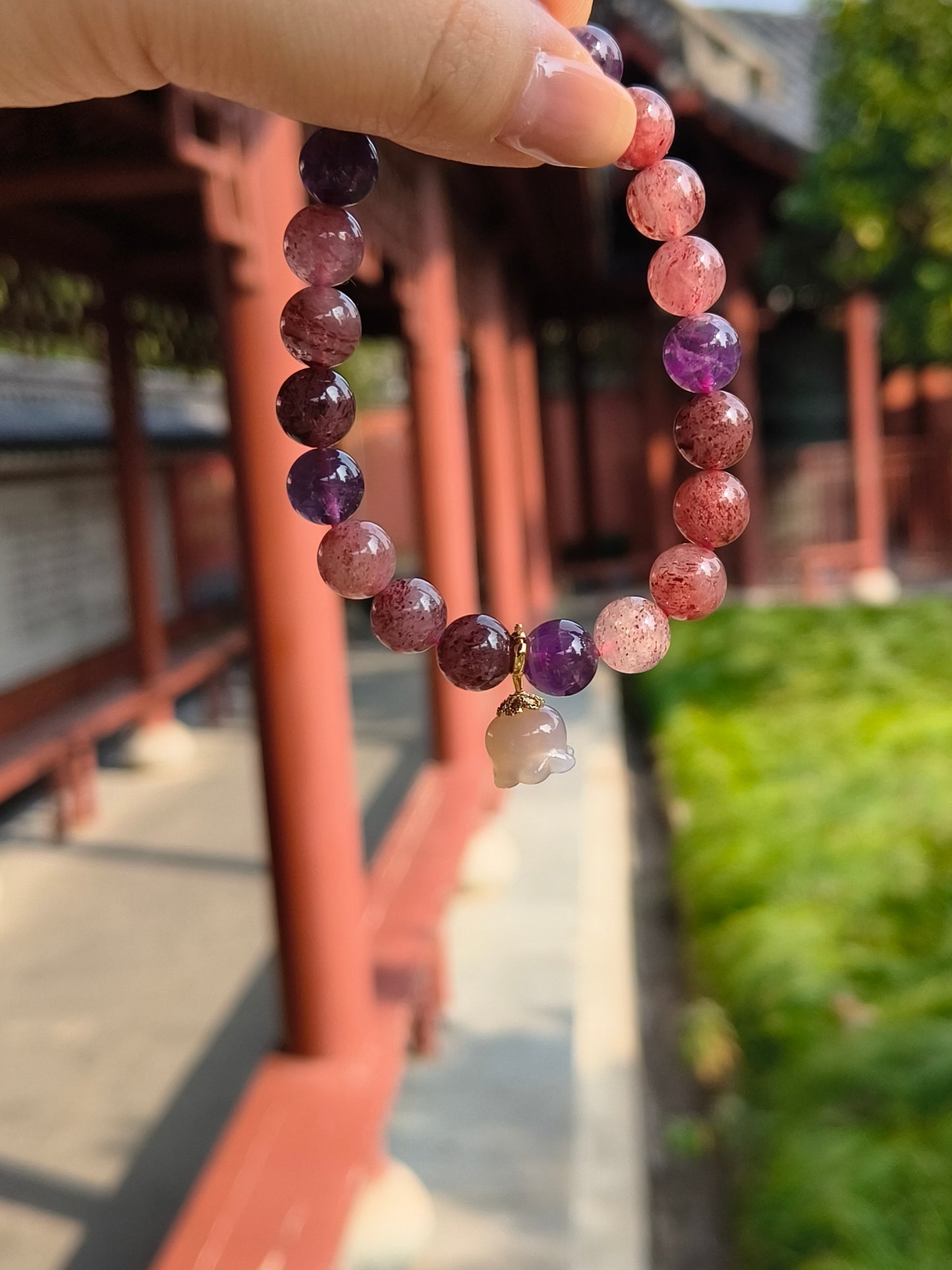 Amethyst Strawberry Quartz Bracelet with Bellflower Charm | LanKio Bellflower Bloom