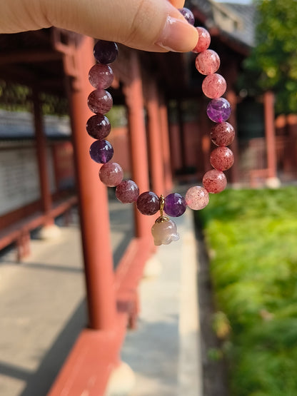 Amethyst Strawberry Quartz Bracelet with Bellflower Charm | LanKio Bellflower Bloom