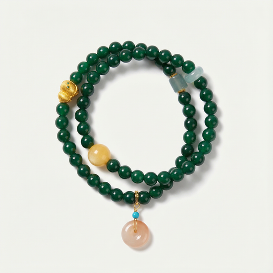 Green Agate Jade Aventurine Wrap Bracelet with Peace Charms | LanKio Peaceful Passage