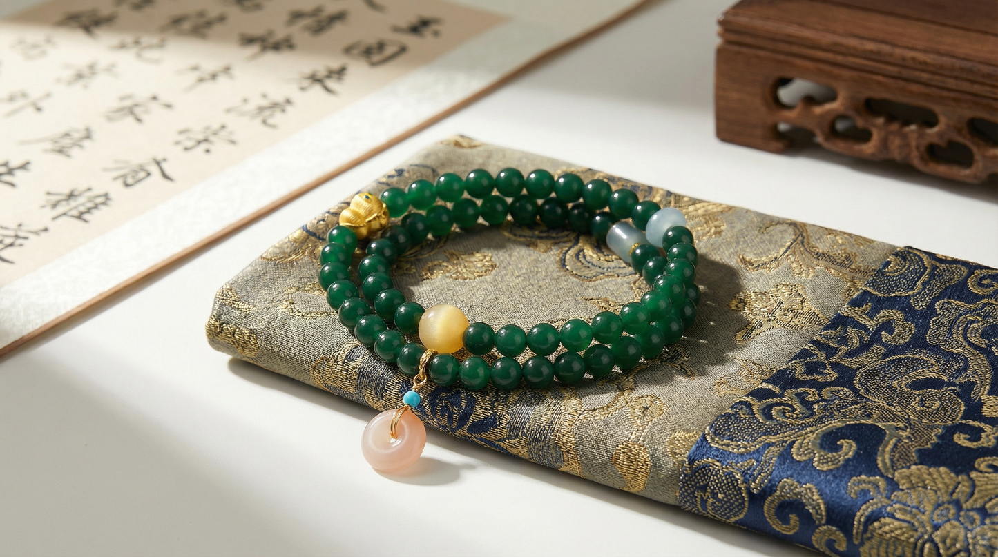 Green Agate Jade Aventurine Wrap Bracelet with Peace Charms | LanKio Peaceful Passage