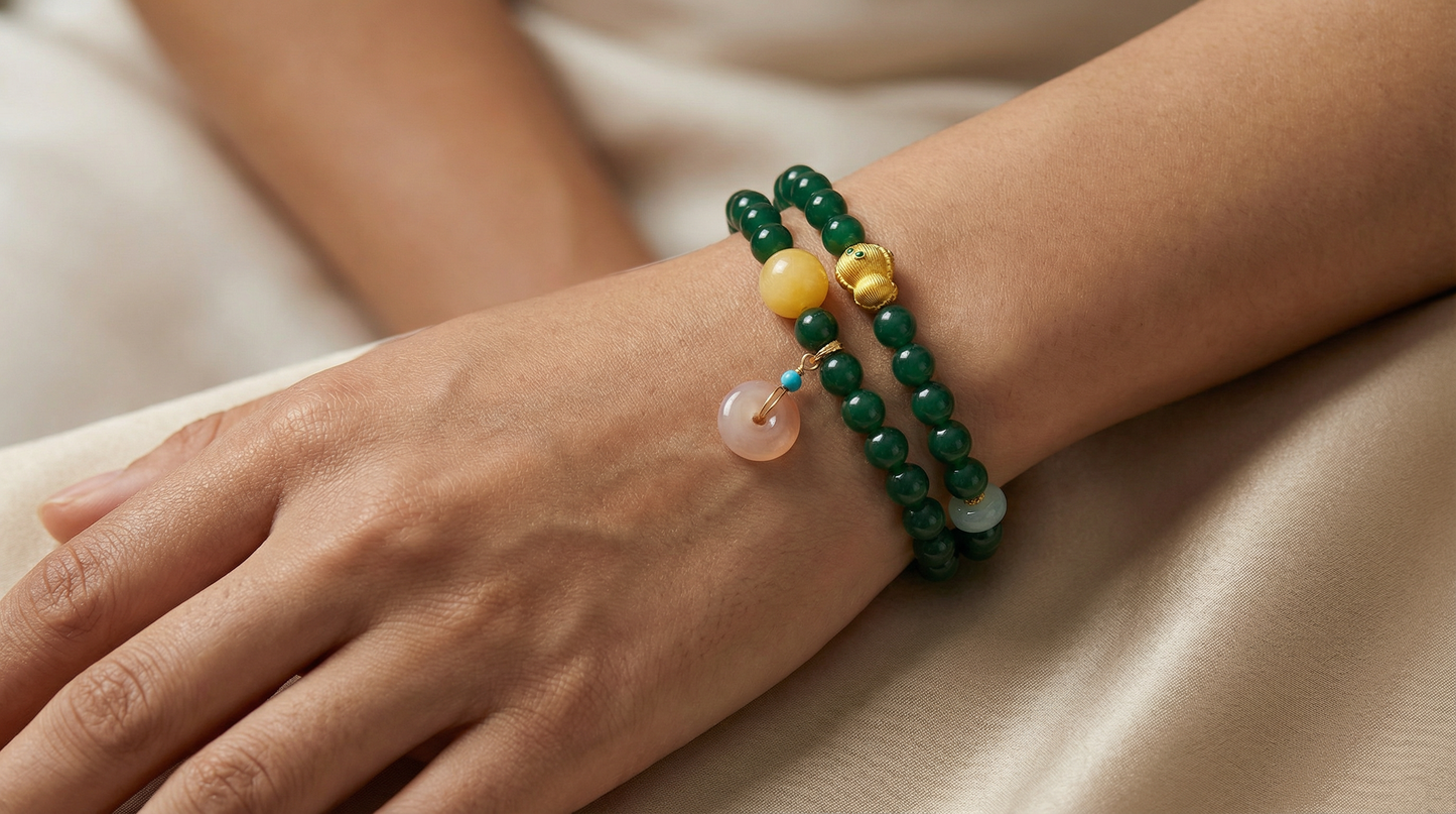 Green Agate Jade Aventurine Wrap Bracelet with Peace Charms | LanKio Peaceful Passage