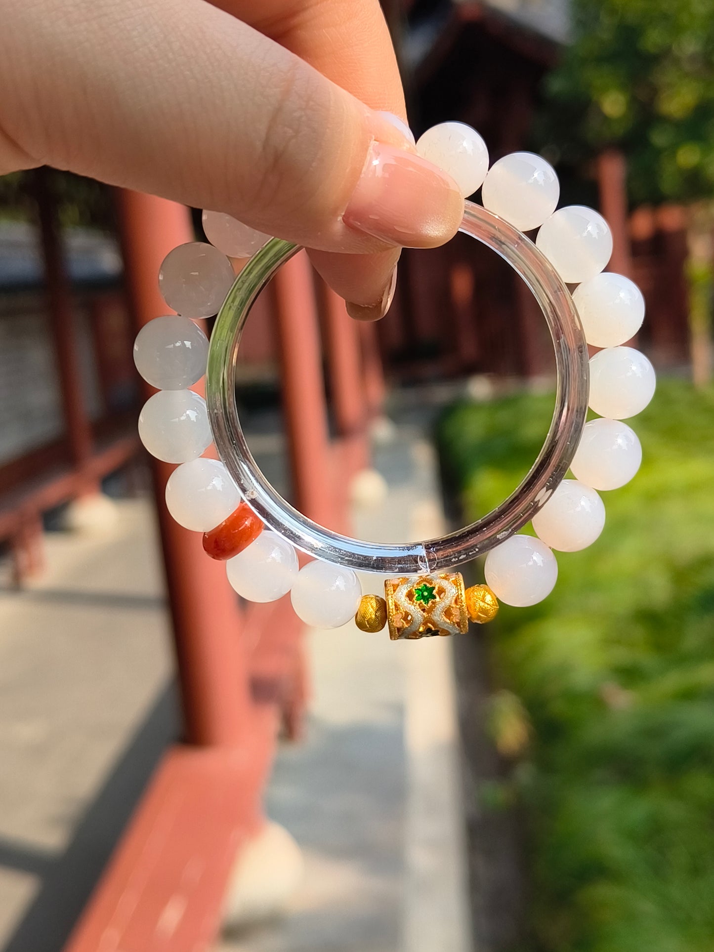 White Agate Red Jadeite Bracelet with Cloisonne Accent | LanKio Turning Tide