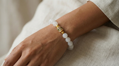 White Agate Red Jadeite Bracelet with Cloisonne Accent | LanKio Turning Tide