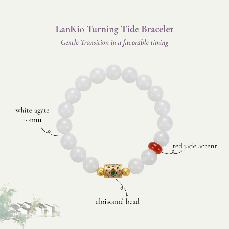 White Agate Red Jadeite Bracelet with Cloisonne Accent | LanKio Turning Tide